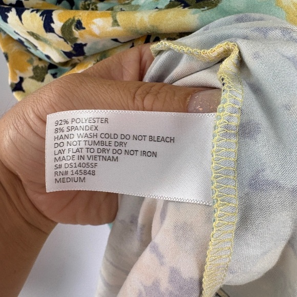 French Grey Dress Yellow/ Green Floral V Neck Tie Waist Short Sleeve- Med - Picture 4 of 6